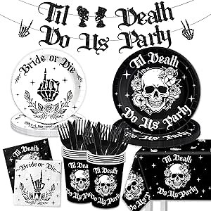 Bride or Die Bachelorette Party Decorations-142Pcs Til Death Do Us Party Plates and Napkins Kit Skull Gothic Halloween Bachelorette Tableware for Bride or Die Bridal Shower Engagement