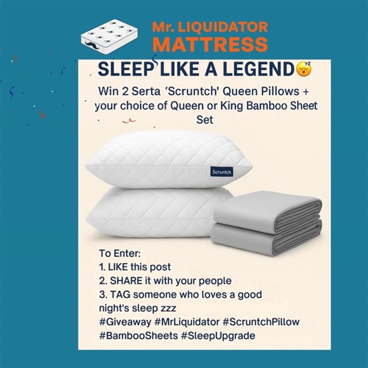 🌞 SPRING GIVEAWAY! 🌞 The sun’s out, the weather’s heating up, and it’s the perfect time to freshen up your sleep setup! 😴💐 We’re giving away: 🛏️ 2 Serta “Scruntch” Queen Pillows (valued at $149 each) 🌿 1 Bamboo Sheet Set in Queen or King (valued at $100) Total prize value: $398! ✨ The Scruntch pillow is a fan favourite — super comfy, supportive, and just the right shape for side and back sleepers. 🌿 And our bamboo sheets? Cool, soft, and naturally breathable. They’re temperature-regulatin