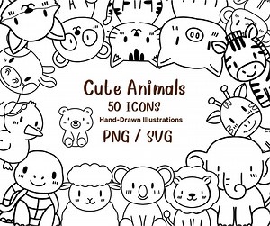 Cute Animal Clipart – 50 Hand Drawn Animal Icons PNG SVG – Kawaii Line Art Animals for Planner, Cricut, Printable Bundle - Etsy