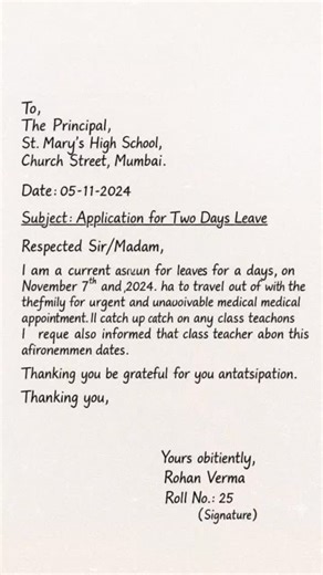 717 reactions · 65 shares | Application for Two Days Leave Need a short leave from school? ✏️ Here’s how to write a leave application for 2 days in a polite and correct format. #LeaveApplication #SchoolLetter #EnglishGrammar #FormalLetter #LetterWriting #EnglishForStudents | EduSphere Academy | Facebook