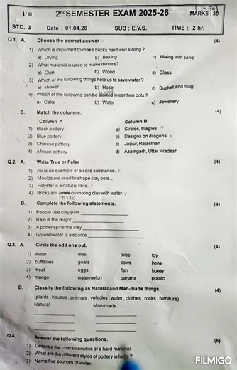 2ND SEMESTER EXAM EVS REVISION PAPER 3RD STD . CBSE BOARD.2026.