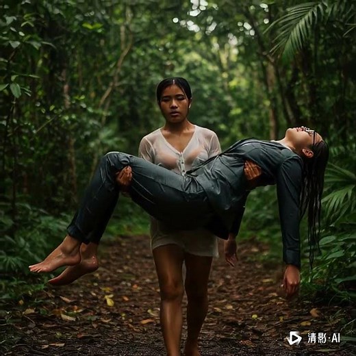 一人横抱着女人艰难的走在泥泞的路上，天空中还下头小雨