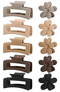 10 Pack Matte Hair Clips for Women & Girls - Strong Hold Rectangular Claw Clips for Thick, Long, Curly Hair - Durable Non-Slip Flower Cute Hair Styling Accessories - Brown Color