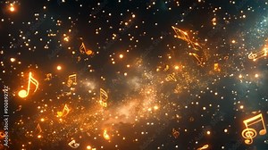 Melodies of the Cosmos: floating musical notes on a dark background with a bokeh light effect that resembles footage stars