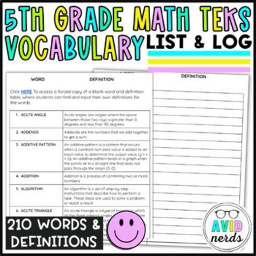 5th Grade Math TEKS Vocabulary Log & Definitions — 210 Essential Terms