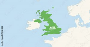 World Map Zoom In To United Kingdom. Animation in 4K Video. Green UK Territory On Blue and White World Map