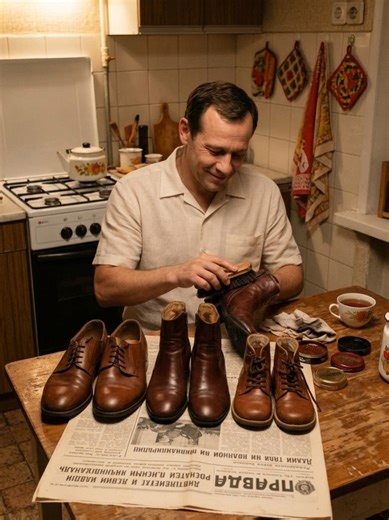 In the Soviet Union, every Sunday evening I cleaned and polished the shoes for our whole family before the new week began. I spread an old newspaper on the kitchen table, wiped away the dust, and carefully rubbed black shoe polish into every pair until the leather began to shine. By the end of the evening, the whole house felt quieter, and it seemed that Monday would begin the right way. #USSR #sovietunion #history #story