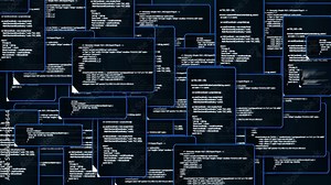 Animation of computer monitor screen showing windows folder source code and text VIRUS sign warning and blinking that the system had been hacked or infected by network virus in 4k ultra HD
