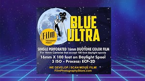 NEW! FPP Blue Ultra 16mm is a color negative film that produces soft blue / violet hued images, lending your scanned movie a one-of-a-kind, out-of-this-world look. With an iso of 3, FPP Blue Ultra is recommended for daylight and can be used in all 16mm cameras that accept single perf film. Film Only: https://filmphotographystore.com/collections/movie-film/products/16mm-film-single-perf-fpp-16mm-blue-ultra-color-negative-100-ft Film-Develop-Scan Bundle: https://filmphotographystore.com/collection