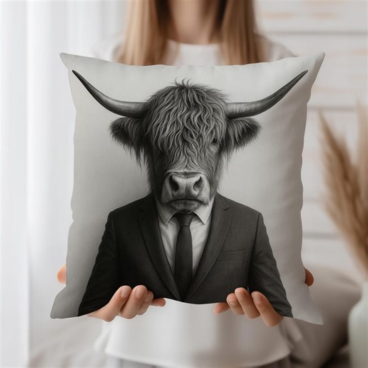 Highland Cow Pillow Cover, Gentleman Cow Cushion, Funny Animal Throw Pillow, Black and White Farm Decor - Etsy