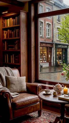 Quiet Rainy Library Window ☕ Cozy Reading Room & Fireplace Ambience