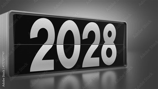 Rotating black flip calendar changing years from 2025 to 2040 - 3D 4k animation (3840x2160 px).