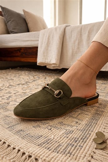 Kaki Suede Pointed Toe Mules, Gold Buckle Detail, Handmade Moroccan Footwear - Etsy