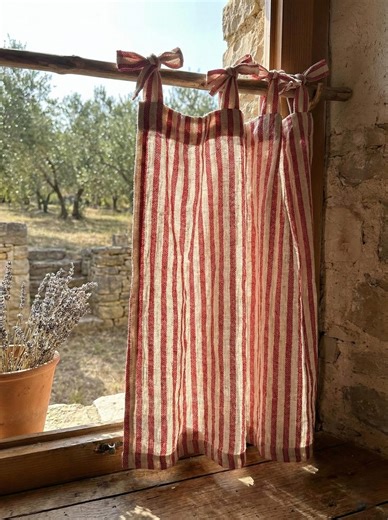 French Country Ticking Stripe Curtains | Farmhouse Kitchen Valance | Tie Top Cotton Gauze Drapes | Rustic Window Treatment | Custom Size - Etsy
