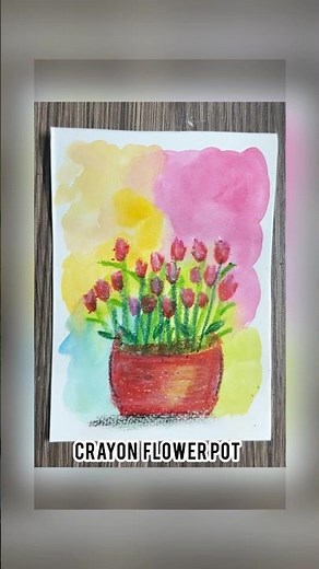 Crayon & Watercolor Magic | Rainbow Background Floral Pot Painting 🌈🖍️