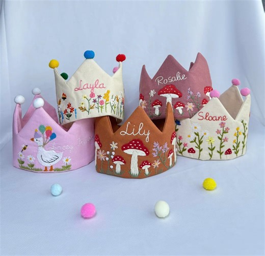 Custom Hand Embroidered Linen Crown, Baby Birthday Crown, Kids Crow, Personalized Gift, First Birthday Gift, Flower and Name Crowns - Etsy UK