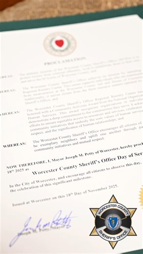 The Worcester County Sheriff's Office is grateful to be recognized with a proclamation, presented by the City of Worcester, Mayor and City Council, for being awarded the National Organization for Human Services Community Activism Award. 🏆 The NOHS Community Activism Award honors individuals, groups, and organizations that demonstrate exceptional commitment to the communities they serve, equitable access to services, and community transformation. In its notification, NOHS highlighted the Reentry