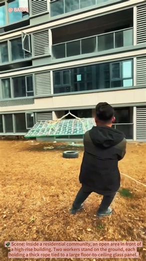 High-Rise Glass Lifting: Workers Control Ropes in Community 🌾