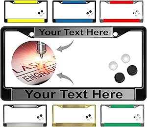Custom Personalized Metal Laser Engraved Car/Automobile License Plate Frame with Free caps - Available in Black, Chrome, Gunmetal and Gold Finish - Steel/Black Text (Qty: 1 Frame)