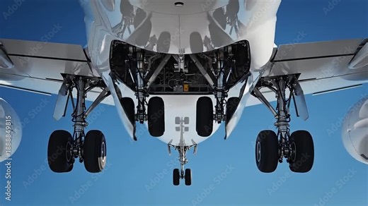 Detailed view of a modern passenger airplane s landing gear system against a clear blue sky showcasing engineering and aviation technology in sharp focus