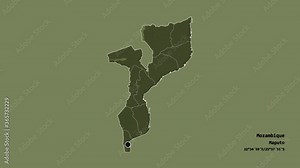 Maputo, province of Mozambique, with its capital, localized, outlined and zoomed with informative overlays on a administrative map in the Stereographic projection. Animation 3D