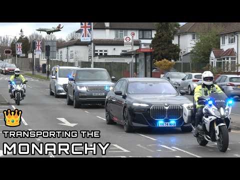 Traffic stops for the King and Queen as they return to London with a miliary jet and a police escort
