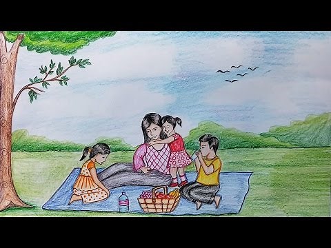 How to draw scenery of family picnic step by step