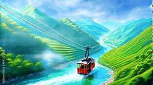 Seamless looping 4K animation of a cable car above a rushing river with a meadow and mountain view, created by AI