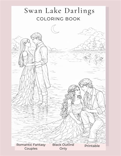Romantic Fantasy Coloring Book PDF – Swan Lake Couples Printable Pages for Adults - Etsy