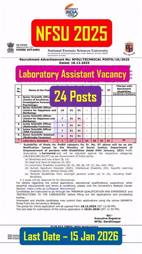 Pharmacy India Jobs on Instagram: "📢 New Government Recruitment Alert | NFSU 2025 National Forensic Sciences University (NFSU), under the Ministry of Home Affairs, Govt. of India, has released an official Recruitment Advertisement (Dec 2025) for Scientific & Technical Posts. #NFSURecruitment #ForensicScienceJobs #GovtJobs2025 #ScientificOfficer #LaboratoryAssistant #MinistryOfHomeAffairs #CentralGovernmentJobs #ForensicJobsIndia #ScienceJobs #ResearchJobs #JobAlert #PharmacyIndia #CareerOpportu