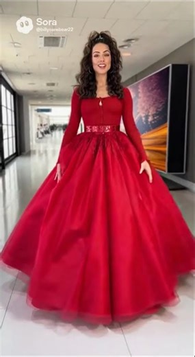 Erin Croft Wearing Red Ball Gown with Long Sleeve