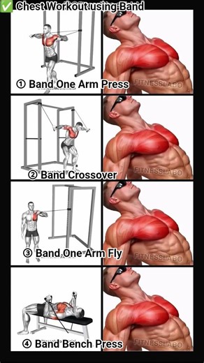 ✅ Chest Workout using Band① Band One Arm Press② Band Crossover ③ Band One Arm Fly④ Band Bench Press3