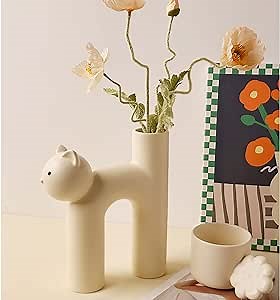 Cat Vase for Flowers, Cute Cat Shaped Ceramic Vase, Unique Kitty Vase Decoration, for Floral Arrangement Home Minimalist Decorative (White+Flower)