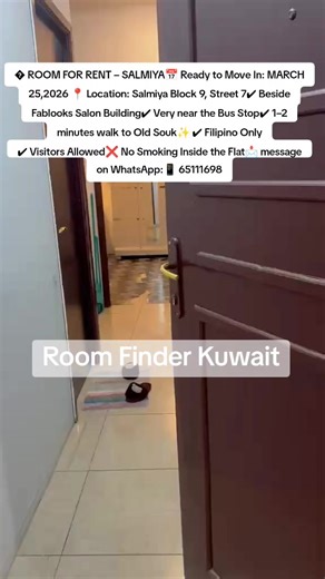 📢 Permission to Post Admin Thank you po ❤️ 🏠 ROOM FOR RENT – SALMIYA Available: ✨ 1 Room 📅 Ready to Move In: MARCH 25,2026 📍 Location: Salmiya Block 9, Street 7 ✔ Beside Fablooks Salon Building ✔ Very near the Bus Stop ✔ Just a few steps to Apollo ✔ 1–2 minutes walk to Old Souk ✨ Inclusions / Free Use: • Kitchen Appliances • Automatic Washing Machine • Gas Range • Coolplex 🏡 Clean, spacious, cozy flat – feel at home! ✔ Filipino Only ✔ Visitors Allowed ❌ No Smoking Inside the Flat 📩 For inq