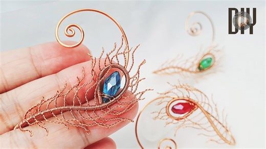Peacock feathers | Earcuff | Decoration | Crystal droplets | Stone with hole | How to do | DIY 594