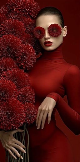 Beautiful Woman in a Red Turtleneck with Long Hair