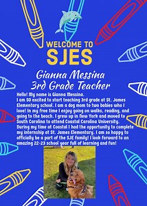 SJES proudly introduces Ms. Gianna Messina as a member of our 3rd Grade team. We are so glad you decided to join our 🐬 family. 💛💙 | St. James Elementary