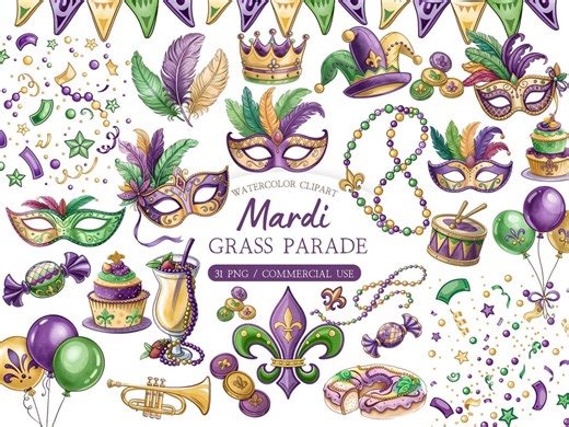 Watercolor Mardi Gras Clipart Bundle – Masquerade Mask and Beads (commercial Use) - Etsy