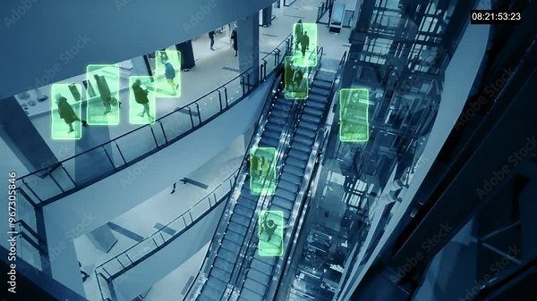 Facial recognition technology scans and detects people's faces for identification. Detecting, recognizing people's faces, collecting and analyzing human biometric data using artificial intelligence.