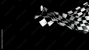 Super Slow Motion of Checkered Race Flag Waving Continuously in the Wind, 1000fps. Racing Flag Isolated on Black Background. Victory, Achievement, Success and Sport Concept.