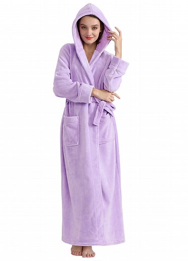 Women's Long Hooded Robe Luxurious Flannel Fleece Bathrobe with Mid-calf Ankle Full Floor Length