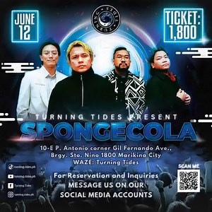 🎸 SPONGE COLA LIVE @ TURNING TIDES! 🎤 This June 12, celebrate Independence Day with an epic OPM night! Get ready to sing your heart out as Sponge Cola performs their biggest hits — Jeepney, Tuliro, Pasubali, and more! Reserve your tickets now! 📲 Hit “Send Message” and share this post! 📍 Turning Tides 🗓️ June 12, 2025 🔥 This is your sign to grab your tropa and feel the live music energy like never before! 👉 Tag your concert buddy. #SpongeColaLive #TurningTidesEvent #June12FreedomJam #OPMRo