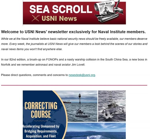 4.6K views · 37 reactions | Have you been reading the weekly USNI News: Sea Scroll? Our members-only #newsletter brings you a closer look at stories from our award-winning #USNINews team. Don’t miss out on exclusive insights and analysis – become a member today and get beyond the headlines! https://bit.ly/3IOg47j | U.S. Naval Institute | Facebook
