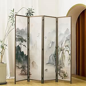 4 Panel Room Divider Folding Privacy Screen,5.6 FT Tall Double Faced Panel Screen,Blackout Panel Divider for Room Seperation,Plain Landscape