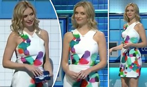 Rachel Riley shows of her pins in colourful mini dress