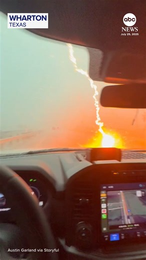 A driver captured the dramatic moment that lightning struck the hood of his car as he was driving through stormy weather on a highway in Texas. https://abcnews.visitlink.me/aof2WP | ABC News