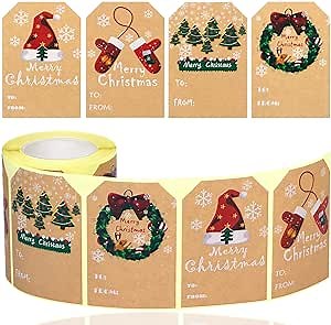 Christmas Gift Tags Stickers 200 Pieces Christmas Name Tag Stickers Self Adhesive Kraft Paper Holiday Tags Christmas to from Stickers KAKUMFU Xmas Presents Label
