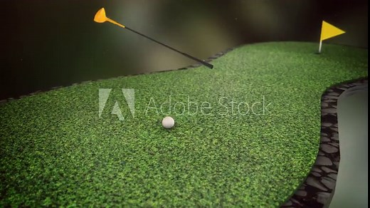 Looped animation of golfing, with club striking the ball and rolling it into the hole. Animated game of golf on green course with bright yellow flag.