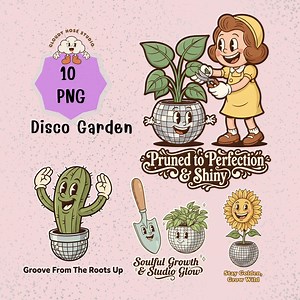 Disco Ball Planter PNG Bundle, Retro Groovy Disco Garden Sublimation Design,  10 PNG Flower Power Graphics