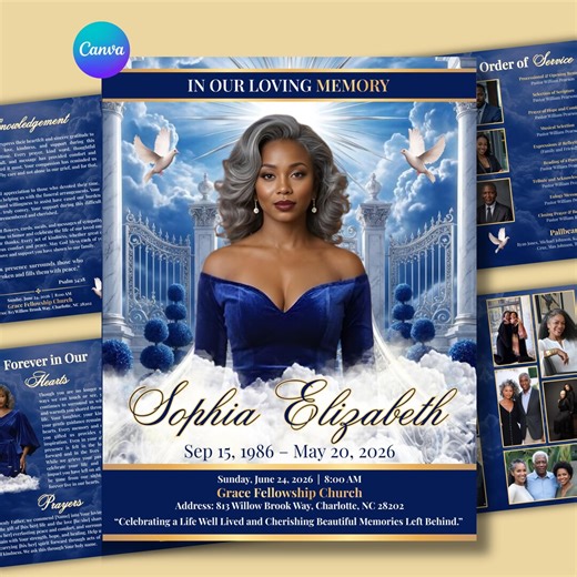 Blue Funeral Program Template, 8-page Memorial Booklet (digital Download) - Etsy